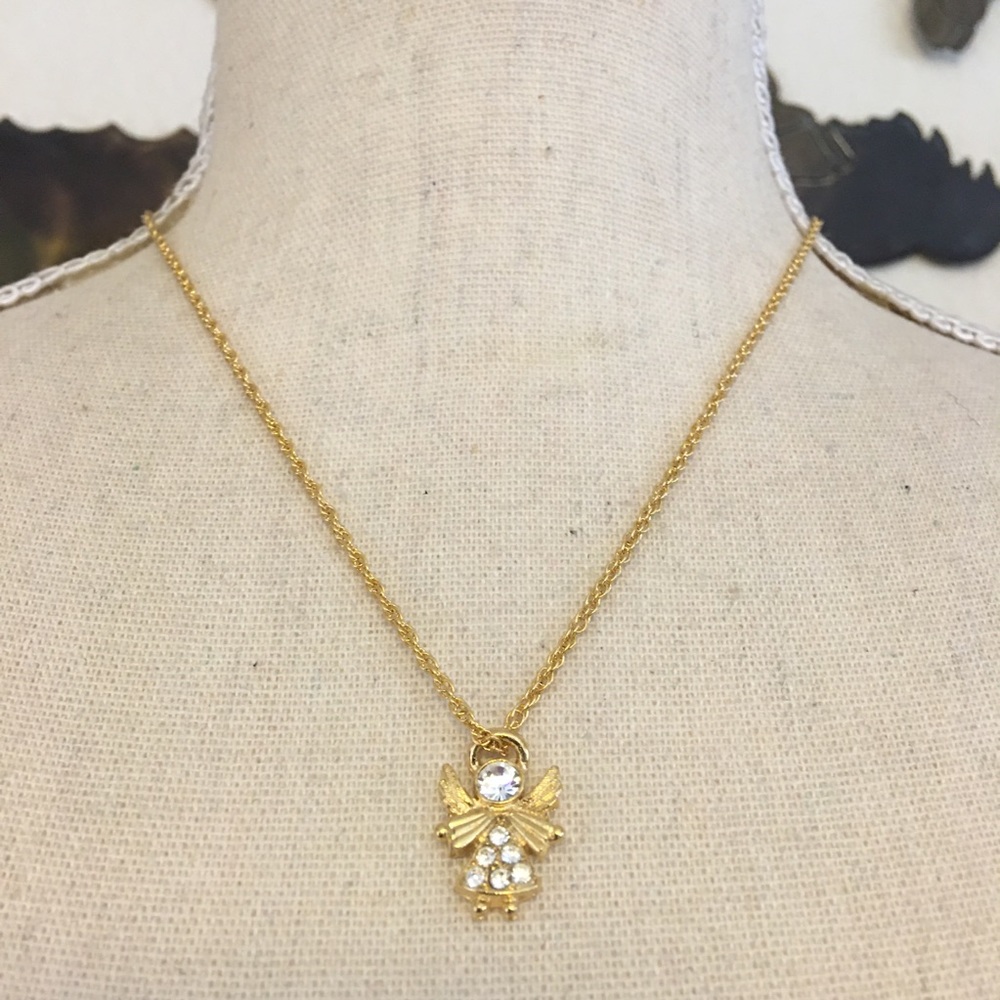 Vintage CAMCO gold tone crystal angel necklace